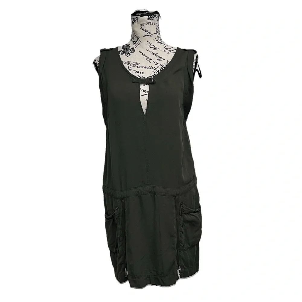 Free People Olive Green Utility Mini Dress Size 6 Sleeveless Pockets Casual Boho